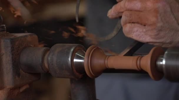 Slow Motion Worker Turning Wood Lathe — Stock Video