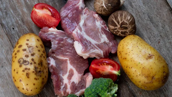 Carne Porco Vegetais Fundo Alimentar Saudável — Fotografia de Stock