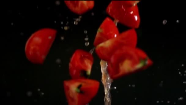 Tomate Vertiendo Cámara Lenta Sobre Fondo Negro — Vídeo de stock