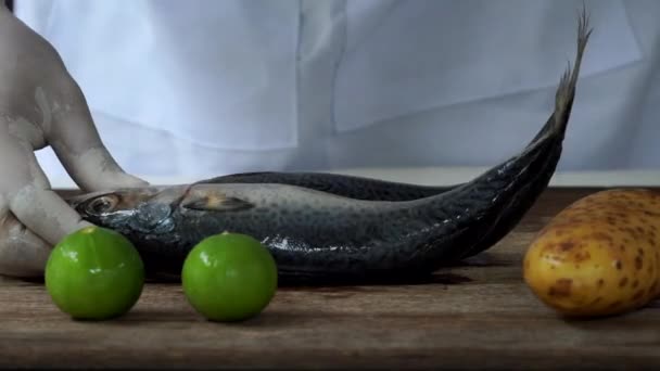 シェフが台所でサバの魚を調理 — ストック動画