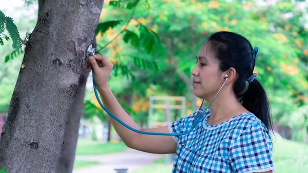 Ağaç sağlık kontrolü için stetoskop kullanan güzel bir kız — Stok fotoğraf