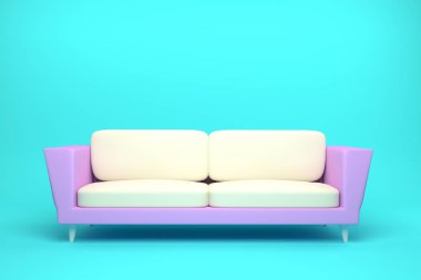 Açık mavi arka plan pembe ve beyaz deri kanepe tasarımı, 3d 
