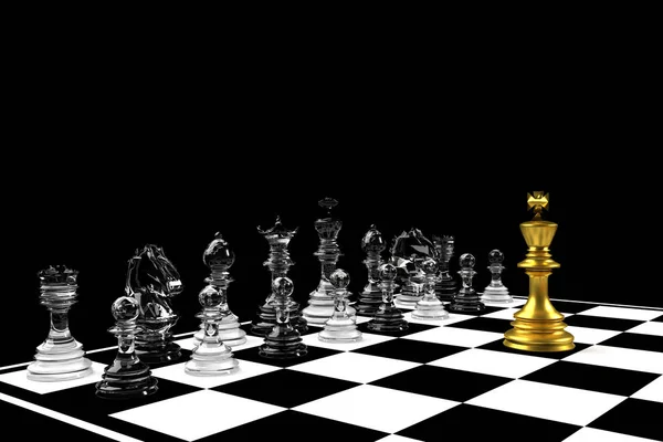 Χρυσός βασιλιάς σε παιχνίδι σκάκι με ασημένια ομάδα σε μαύρο φόντο (Le — Φωτογραφία Αρχείου
