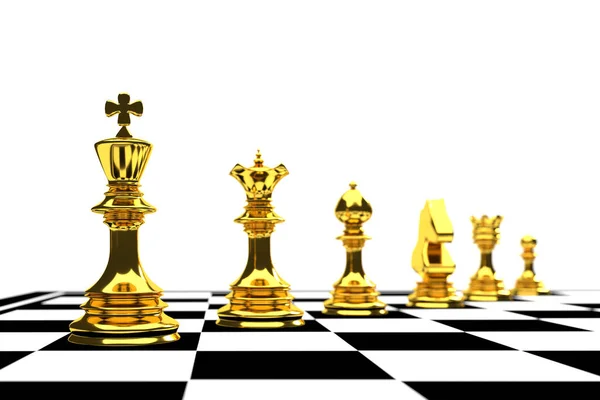 Χρυσός βασιλιάς σε παιχνίδι σκάκι με την ομάδα σε λευκό φόντο (ηγέτη — Φωτογραφία Αρχείου