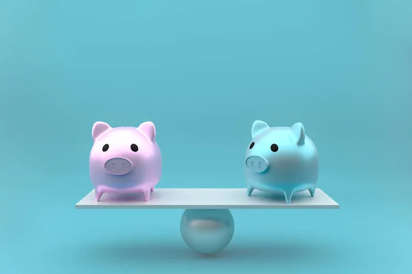 piggy bank in side view stands on a wooden seesaw balanced, 3d r