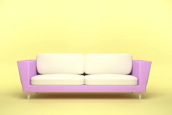 Sarı arka planda Pembe ve Beyaz Deri kanepe tasarımı, 3d rend — Stok fotoğraf