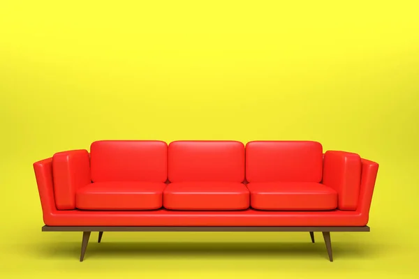 Диван красного цвета на желтом фоне, 3D-рендеринг — стоковое фото