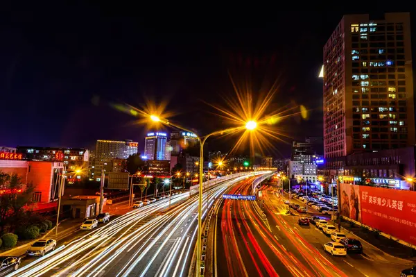 Nachtzicht Yatai Street Viaduct Changchun China — Stockfoto