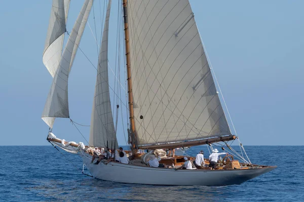 Imperia, İtalya - 7 Eylül 2018: Mürettebat gemiye Yelkenli yarış Paneray Klasik yatlar Challenge, Imperia üzerinde regatta sırasında üzerinde