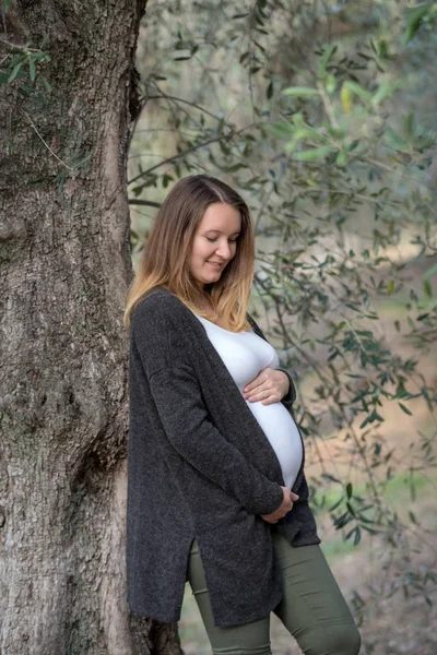 Mulher branca grávida em pé no jardim de oliveira — Fotografia de Stock