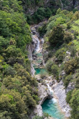 Nervia Vadisi, Ligurian Alpleri, Rocchetta Nervina Belediyesi, Imperia Bölgesi, İtalya 'daki Barbaira Nehri' nin yüksek manzarası.