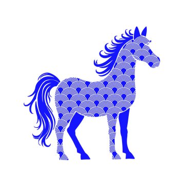 Blue Horse Silhouette with Traditional Chinese Ornaments Decorative Pattern Illustration