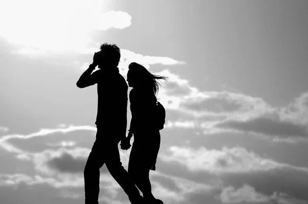 Silhouette Una Coppia Sta Camminando Strada Yokohama Giappone Yokohama Una — Foto Stock