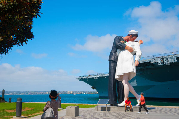 Unconditional Surrender Statue at the Tuna Harbor Park in San Diego, America. This massive thing is also called Kissing Sailor statue.