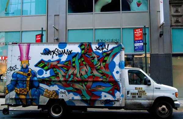 Grafit Művészet Teherautó New York Amerika New York Egyike Világ — Stock Fotó