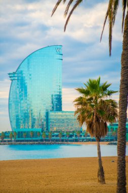 Barcelona, İspanya 'daki Barceloneta plajı. Barcelona, İspanya 'nın doğu kıyısında yer alan bir Artistik şehir olarak bilinir.