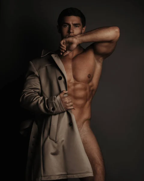 Semi Naked Male Fitness Model Coat — Stock Photo, Image