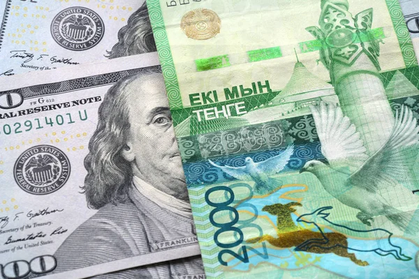 Kazakhstan Tenge Dollars Banknotes Macro Background Banking Devaluation Tenge Dollar — Stock Photo, Image