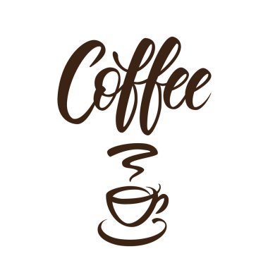 Kahveli harfler çizilmiş. Beyaz arkaplanda izole edilmiş kartlar, davetiyeler ve baskılar için bir kap ile modern kaligrafi çizimi