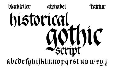 Gotik Alfabe. Tarihsel el yazısı karalamalar. Beyaz arkaplanda siyah Almanca yazı tipi izole edildi