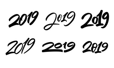 Bir dizi 2019 işareti. Mutlu yeni yıl kutlamaları. Modern fırça kaligrafi tasarımları. Vektör illüstrasyonu beyaz arkaplanda izole edildi