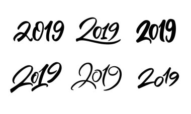 Bir dizi 2019 işareti. Mutlu yeni yıl kutlamaları. Modern fırça kaligrafi tasarımları. Vektör illüstrasyonu beyaz arkaplanda izole edildi