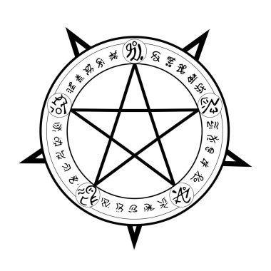 Rune Magic Pentagon Çemberi. Cadılık antik semboller. Büyü yapmak için. Putperest tasarımı. Ayin dekorasyonu. El yapımı tılsım. Siyah arkaplan üzerine resim çizimi