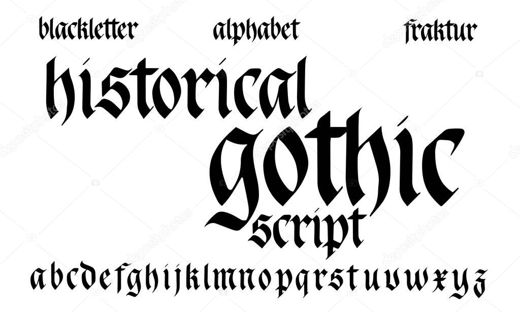 Gothic Alphabet. Historical handwritten blackletter script. Black German font isolated on white background