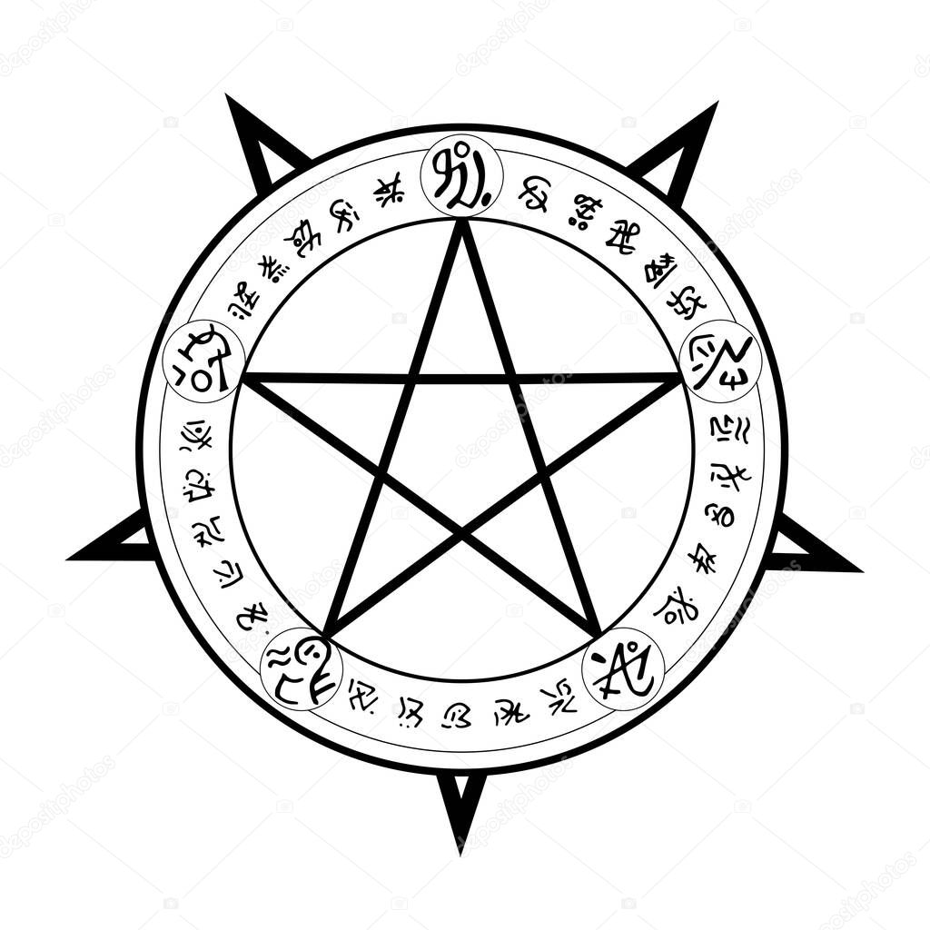 Rune Magic Pentagon Circle. Witchcraft ancient symbols. Casting a spell. Pagan design. Ritual decoration. Scripted hand drawn talisman. Art Illustration on black background