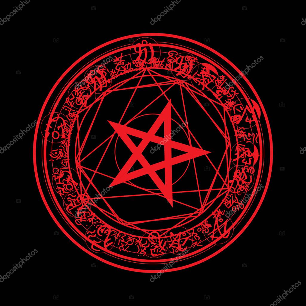 Rune Magic Pentagon Circle. Witchcraft ancient symbols. Casting a spell. Pagan design. Ritual decoration. Scripted hand drawn talisman. Art Illustration on black background