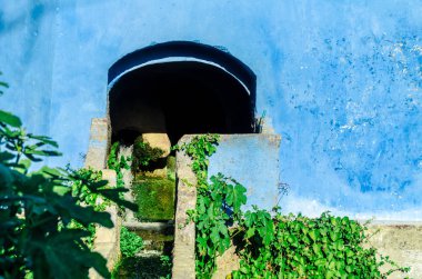 Karanlık mavi duvar önünde ve foregound ağacında küçük köprü