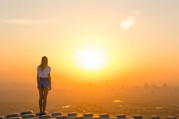 Mujer Joven Pie Sola Parte Superior Rascacielos Alto Con Vistas Imágenes De Stock Sin Royalties Gratis