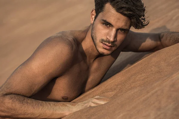 Çölde yatan seksi, yakışıklı, üstsüz erkek model. Güzel portre..