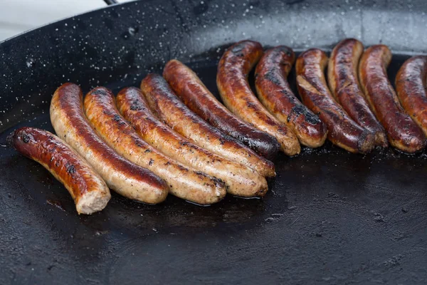 Salsicce Maiale Cotte Una Padella Ampia — Foto Stock