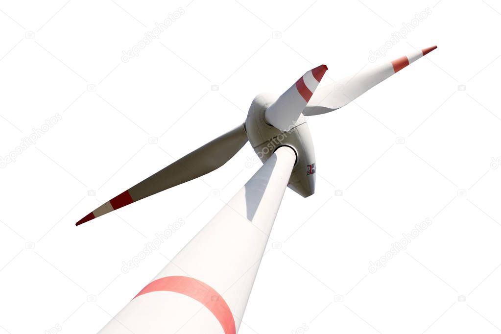 Wind turbine aerial view isolated on white background, detail