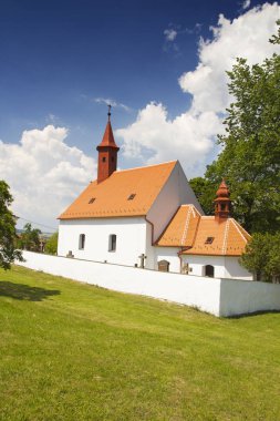 Yeşil çimen ve mavi gökyüzü ile kırsal sahne
