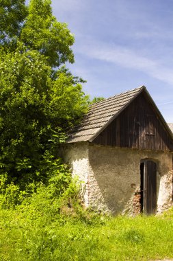 Yeşil çim ente ve mavi gökyüzü ile Bahar kırsal manzara