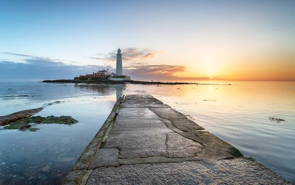 Stunning Sunrise Lighthouse Mary Island Northumberland Coast — Stock Photo, Image