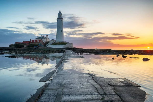 Beautiful Sunrise Lighthouse Mary Island Whitley Bay Northumberland Coast — Stock Photo, Image