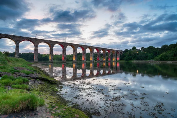 Puente Fronterizo Real Iluminado Atardecer Berwick Tweed Northumberland —  Fotos de Stock