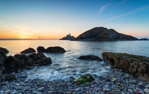 Prachtige Duidelijke Zonsopgang Vanaf Het Strand Bij Mumbles Buurt Van — Stockfoto