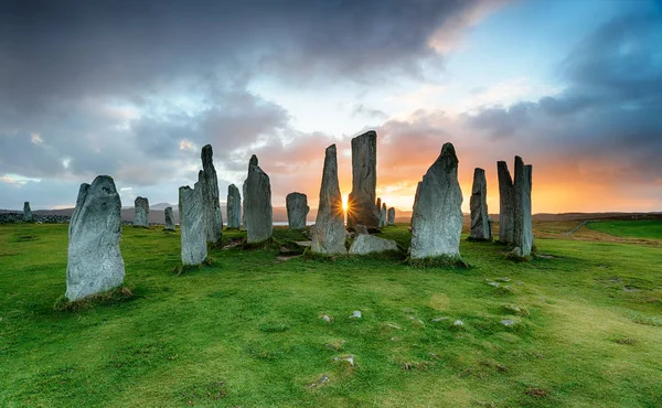 Zachód Słońca Kamienie Callanish Wyspie Isle Lewis Hebrydach Zewnętrznych Szkocji — Zdjęcie stockowe