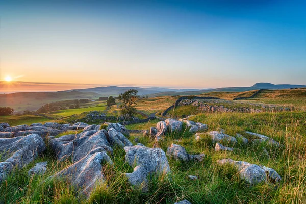 Západ slunce s jasnou modrou oblohou nad vápencovými dlažby v Wi — Stock fotografie