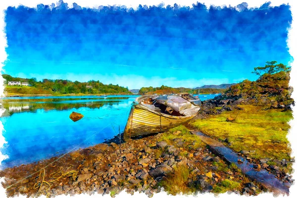 An old fishing boat on the shore of Gair Loch at Badachro — Stock Photo, Image