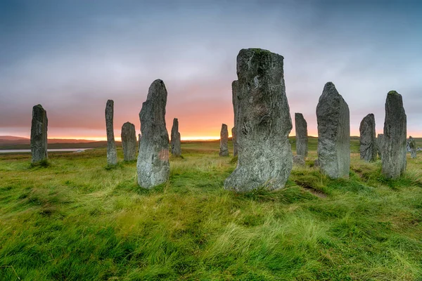 Pôr Sol Tempestuoso Sobre Pedras Callanish Ilha Lewis Nas Ilhas — Fotografia de Stock