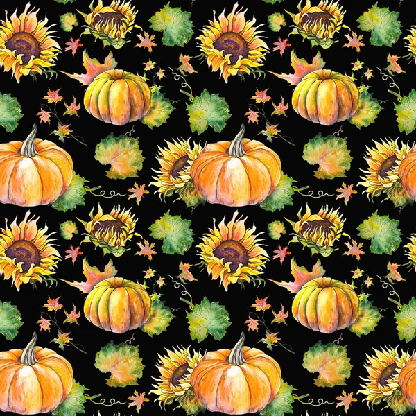 Pumpkins, ayçiçeği ve yaprakları ile Seamless modeli. Siyah arka plan üzerine suluboya.