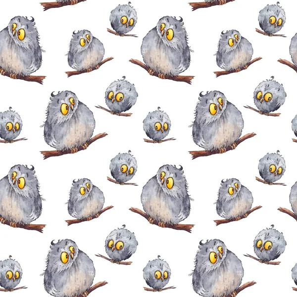 Seamless pattern with funny grey owls. Watercolor painting on white background.