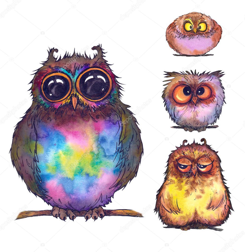 Set of funny owl characters painted with watercolor. Isolated elements for design. 