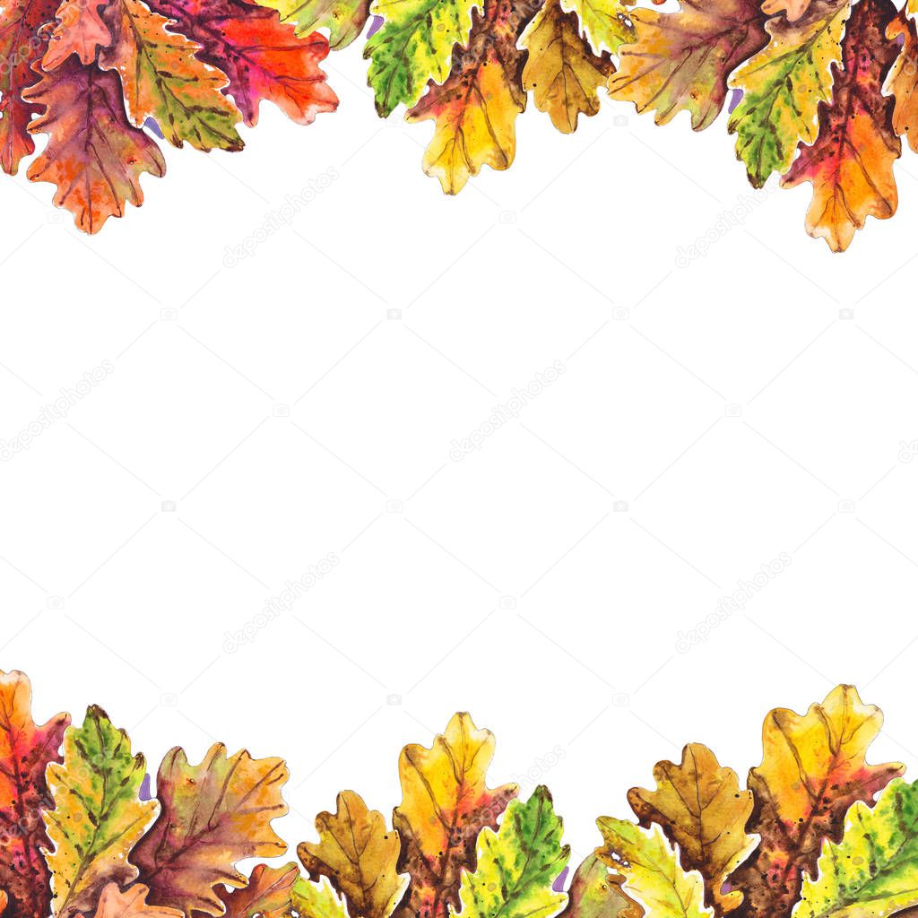 Colorful autumn border with oak leaves.  Watercolor illustration.