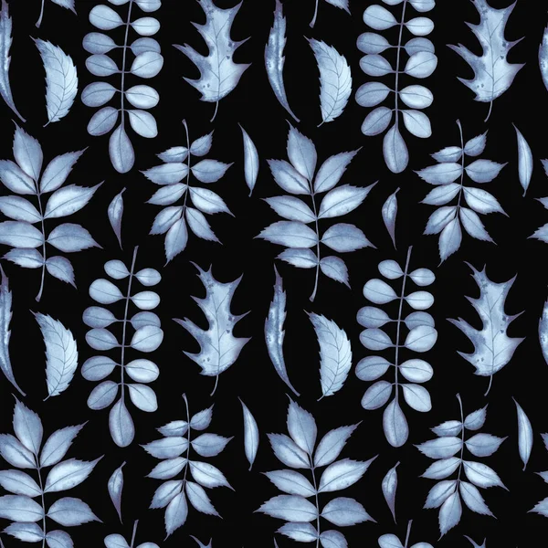 Naadloze Patroon Witn Indigo Kleur Bladeren Aquarel Illustratie Zwarte Achtergrond — Stockfoto